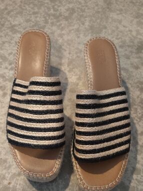 Striped Black and Cream Slide Mules - Women's